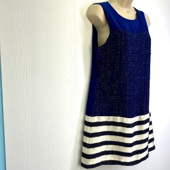 Boston Proper - Navy And Gold Tweed Striped Lined Sleeveless Midi Dress Size 4 - Picture 5 of 10